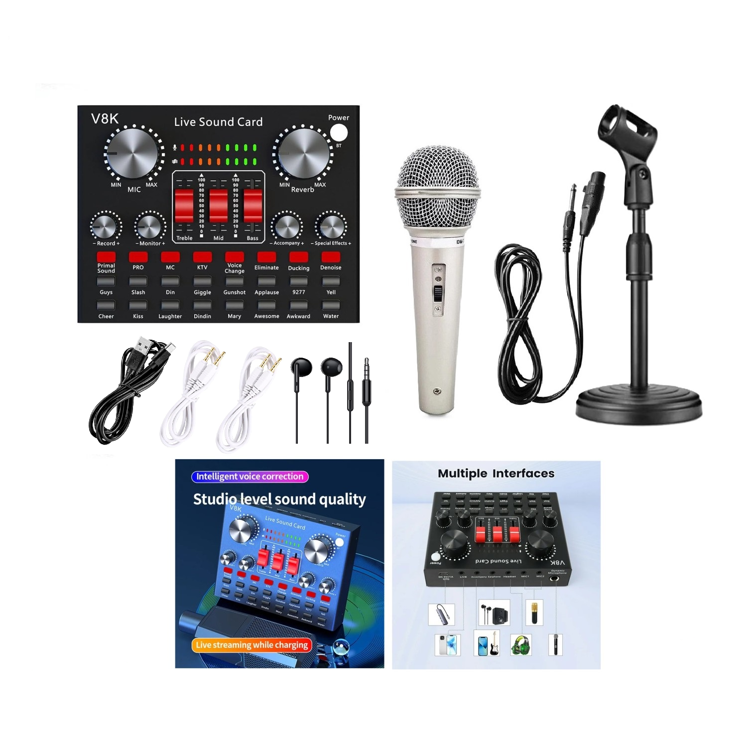 مجموعة كاملة من بطاقات الصوت V8K مع ميكروفون ديناميكي