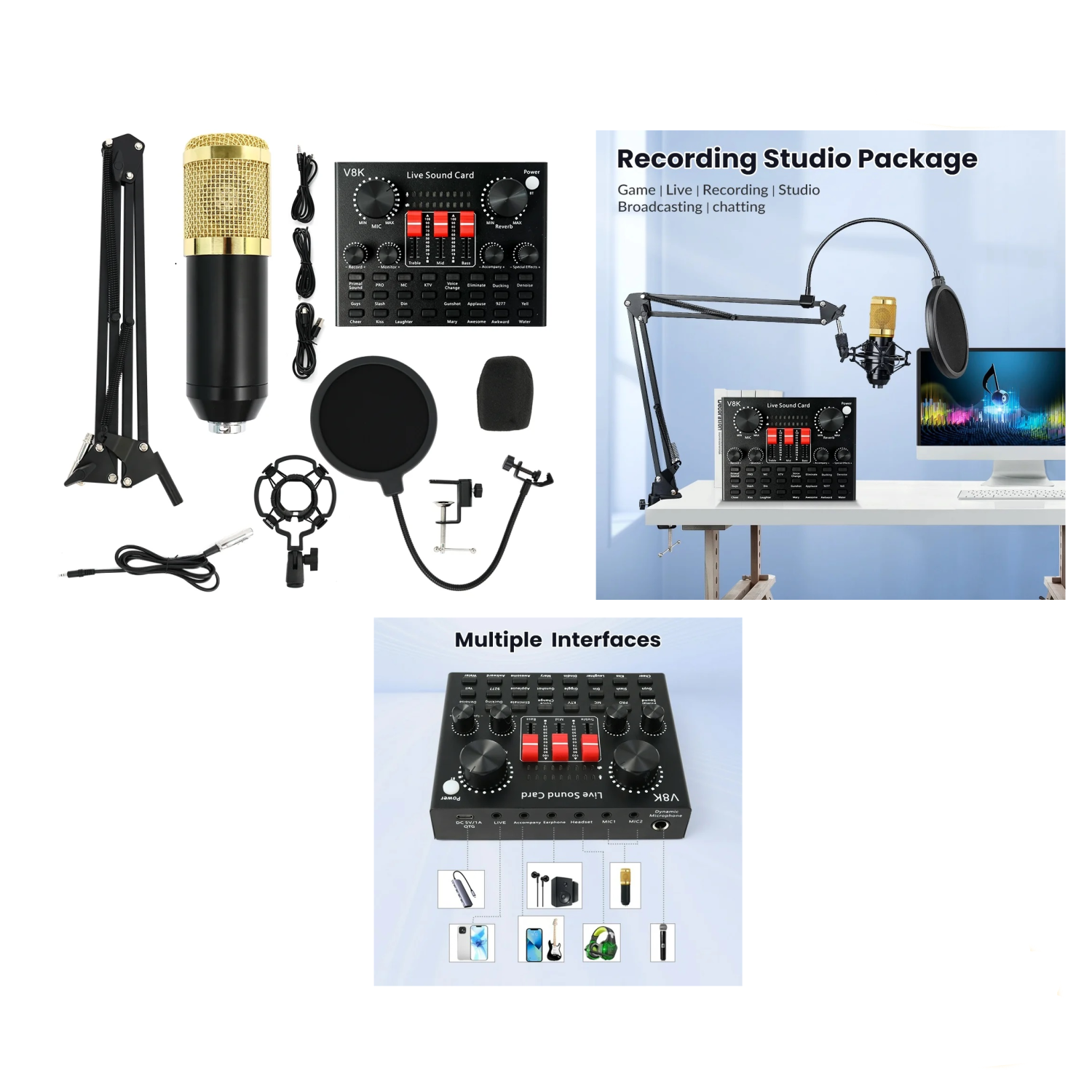 بطاقة صوت V8K مع ميكروفون BM800 مجموعة بودكاست كاملة