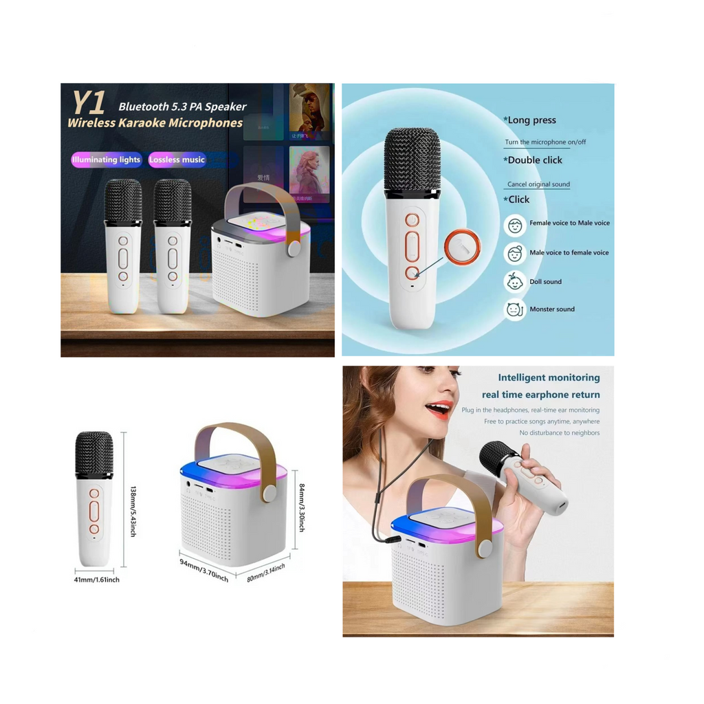 مكبر صوت كاريوكي Y1 محمول بتقنية البلوتوث مع ميكروفونات لاسلكية مزدوجة 