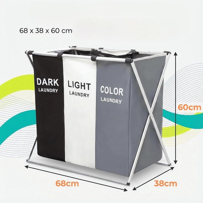 3-Compartment Foldable Laundry Basket 68 × 38 × 60 cm